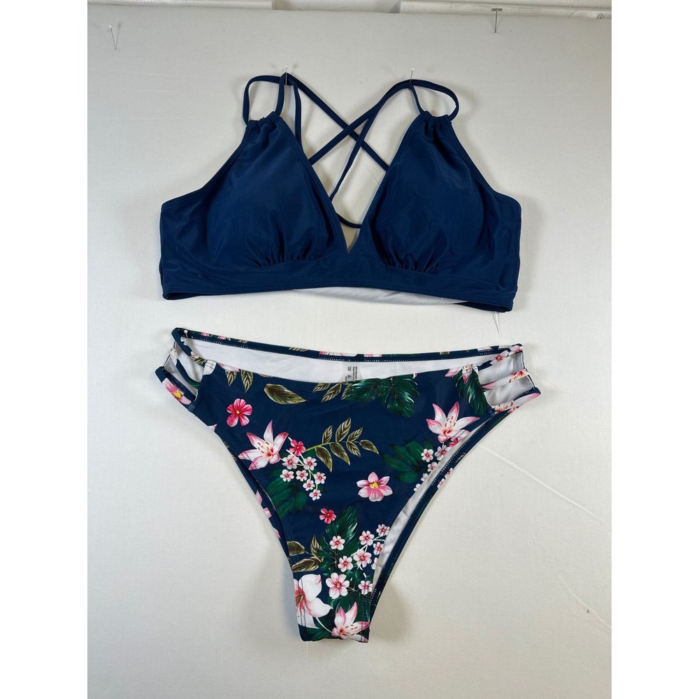 Navy Blue Floral High Waisted Bikini Set Strappy Crisscross Back XL‎